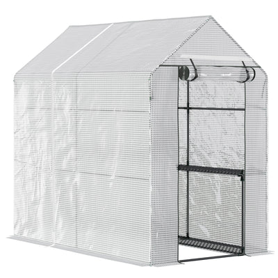 Outsunny Walk In Greenhouse with 2-Tier Shelves, Roll up Zip Panel Door, Garden Polytunnel Steeple Grow House for Outdoor, 6 x 4 x 6ft White 