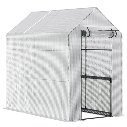 Outsunny Walk In Greenhouse with 2-Tier Shelves, Roll up Zip Panel Door, Garden Polytunnel Steeple Grow House for Outdoor, 6 x 4 x 6ft White 