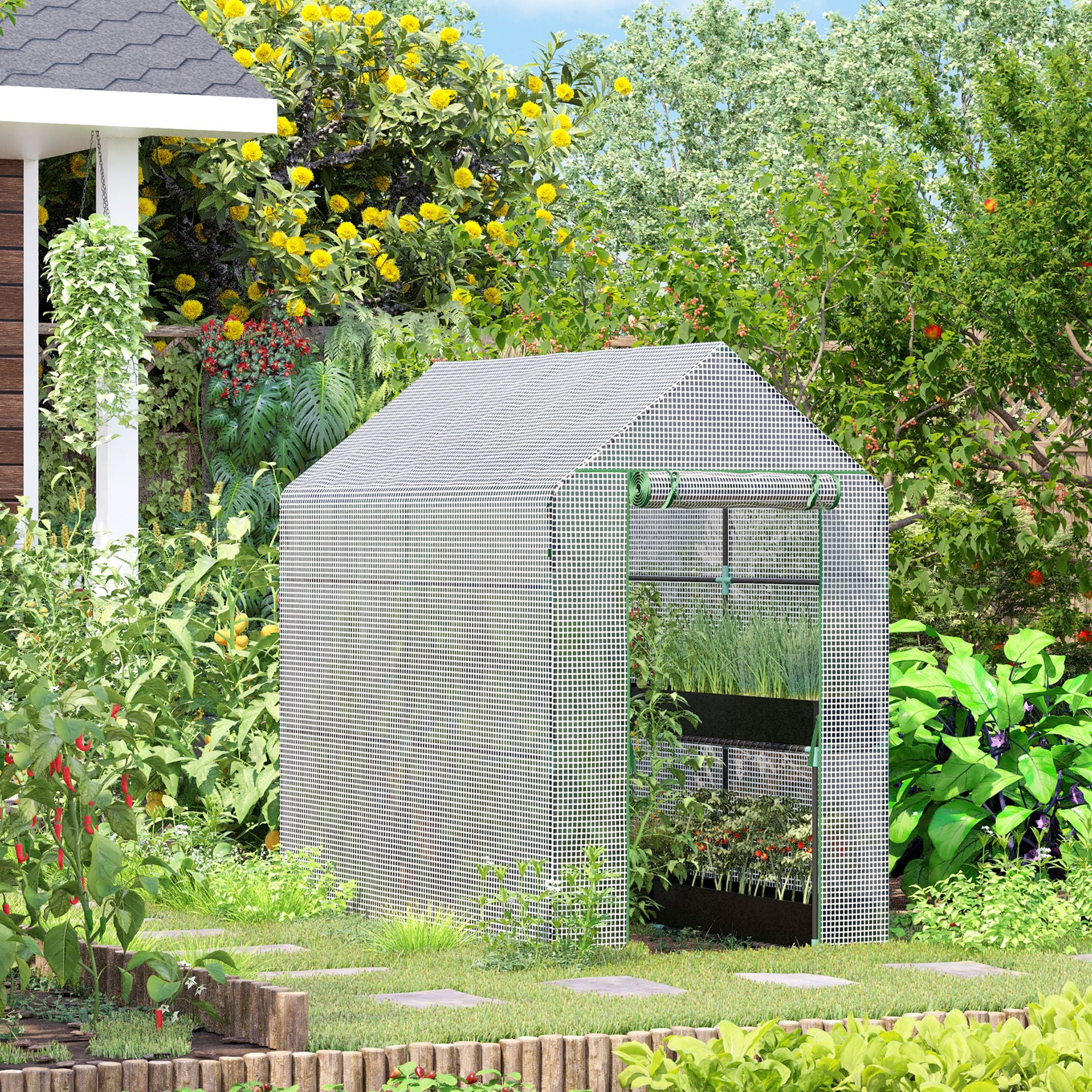 Outsunny Walk In Greenhouse with 2-Tier Shelves, Roll up Zip Panel Door, Garden Polytunnel Steeple Grow House for Outdoor, 6 x 4 x 6ft White 