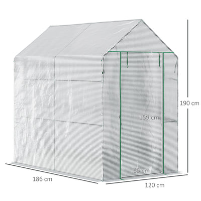 Outsunny Walk In Greenhouse with 2-Tier Shelves, Roll up Zip Panel Door, Garden Polytunnel Steeple Grow House for Outdoor, 6 x 4 x 6ft White 