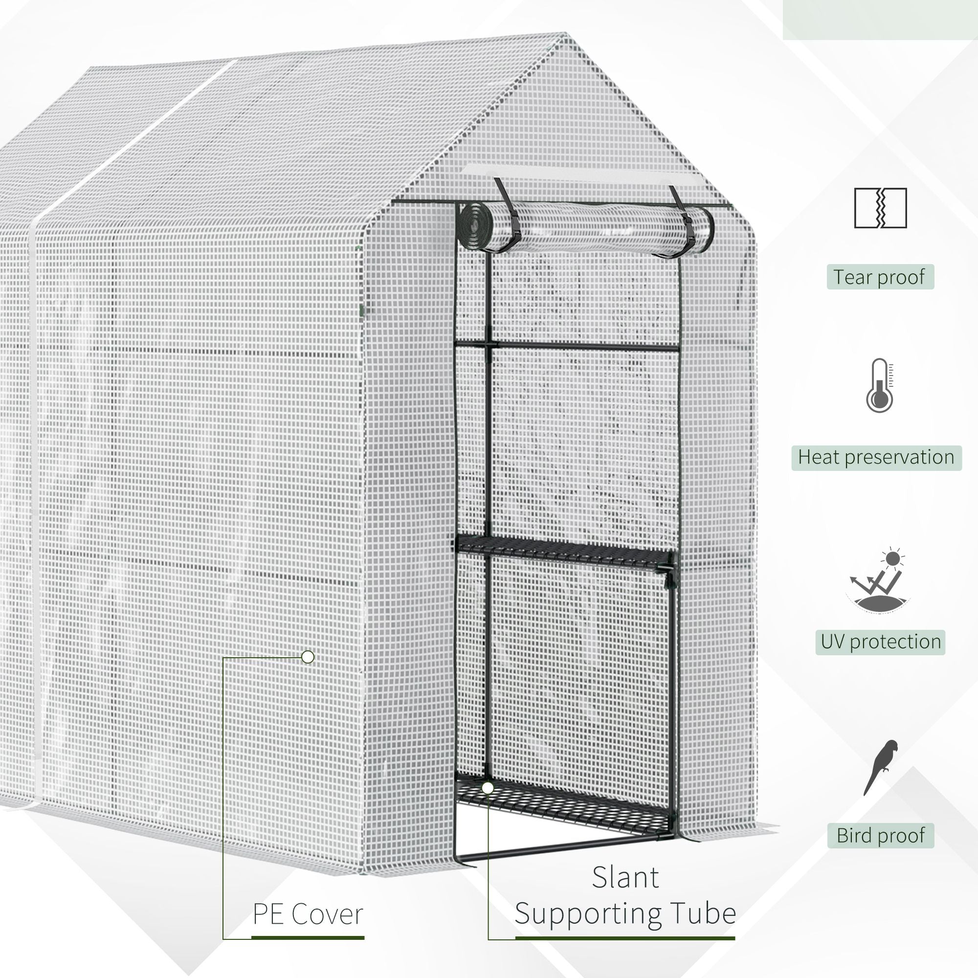 Outsunny Walk In Greenhouse with 2-Tier Shelves, Roll up Zip Panel Door, Garden Polytunnel Steeple Grow House for Outdoor, 6 x 4 x 6ft White 