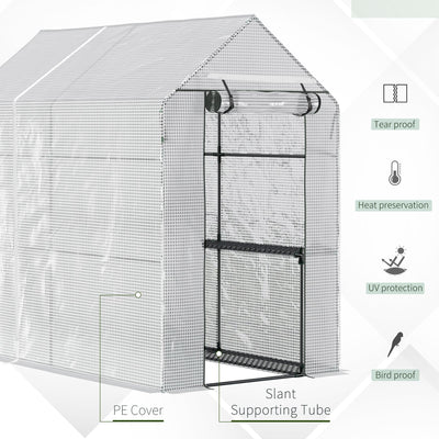 Outsunny Walk In Greenhouse with 2-Tier Shelves, Roll up Zip Panel Door, Garden Polytunnel Steeple Grow House for Outdoor, 6 x 4 x 6ft White 