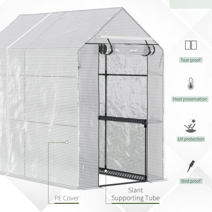 Outsunny Walk In Greenhouse with 2-Tier Shelves, Roll up Zip Panel Door, Garden Polytunnel Steeple Grow House for Outdoor, 6 x 4 x 6ft White 