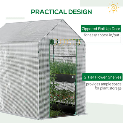Outsunny Walk In Greenhouse with 2-Tier Shelves, Roll up Zip Panel Door, Garden Polytunnel Steeple Grow House for Outdoor, 6 x 4 x 6ft White 