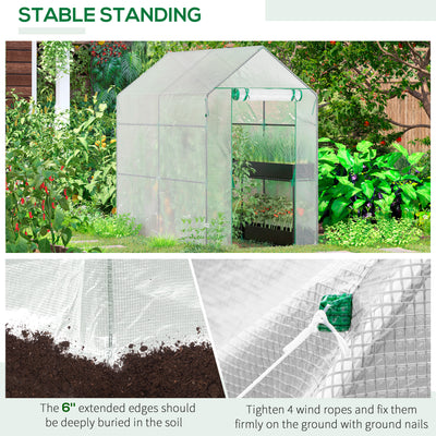 Outsunny Walk In Greenhouse with 2-Tier Shelves, Roll up Zip Panel Door, Garden Polytunnel Steeple Grow House for Outdoor, 6 x 4 x 6ft White 