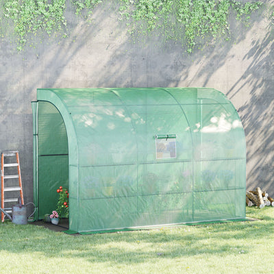 Outsunny Walk-In Lean to Greenhouse with Windows and Zippered Doors, 2 Tiers 6 Wired Shelves 300L x 150W x 213Hcm Green 