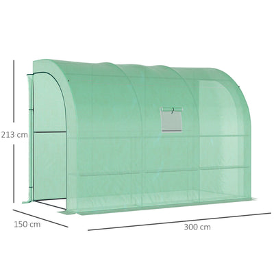 Outsunny Walk-In Lean to Greenhouse with Windows and Zippered Doors, 2 Tiers 6 Wired Shelves 300L x 150W x 213Hcm Green 