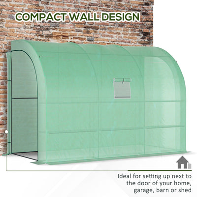 Outsunny Walk-In Lean to Greenhouse with Windows and Zippered Doors, 2 Tiers 6 Wired Shelves 300L x 150W x 213Hcm Green 