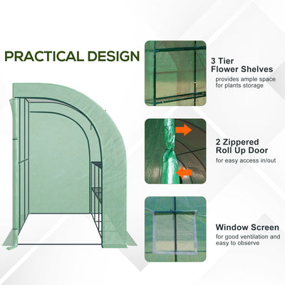 Outsunny Walk-In Lean to Greenhouse with Windows and Zippered Doors, 2 Tiers 6 Wired Shelves 300L x 150W x 213Hcm Green 