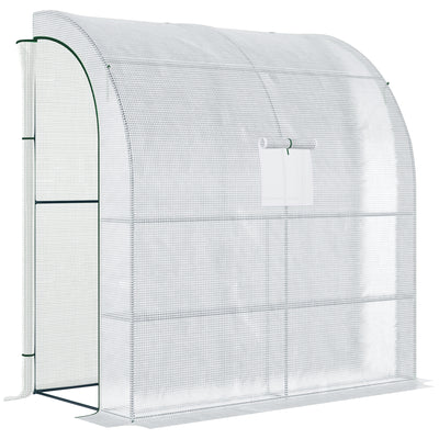 Outsunny Walk-In Lean to Wall Greenhouse with Windows and Doors 2 Tiers 4 Wired Shelves 200L x 100W x 215Hcm White 