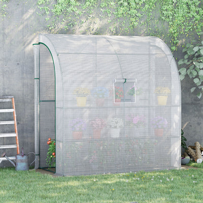 Outsunny Walk-In Lean to Wall Greenhouse with Windows and Doors 2 Tiers 4 Wired Shelves 200L x 100W x 215Hcm White 