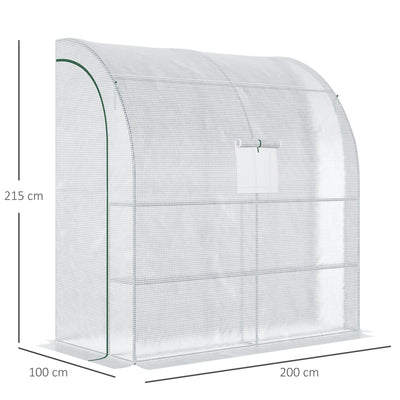Outsunny Walk-In Lean to Wall Greenhouse with Windows and Doors 2 Tiers 4 Wired Shelves 200L x 100W x 215Hcm White 