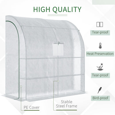 Outsunny Walk-In Lean to Wall Greenhouse with Windows and Doors 2 Tiers 4 Wired Shelves 200L x 100W x 215Hcm White 