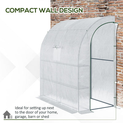 Outsunny Walk-In Lean to Wall Greenhouse with Windows and Doors 2 Tiers 4 Wired Shelves 200L x 100W x 215Hcm White 