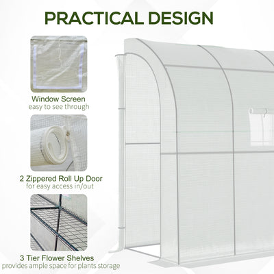 Outsunny Walk-In Lean to Wall Greenhouse with Windows and Doors 2 Tiers 4 Wired Shelves 200L x 100W x 215Hcm White 