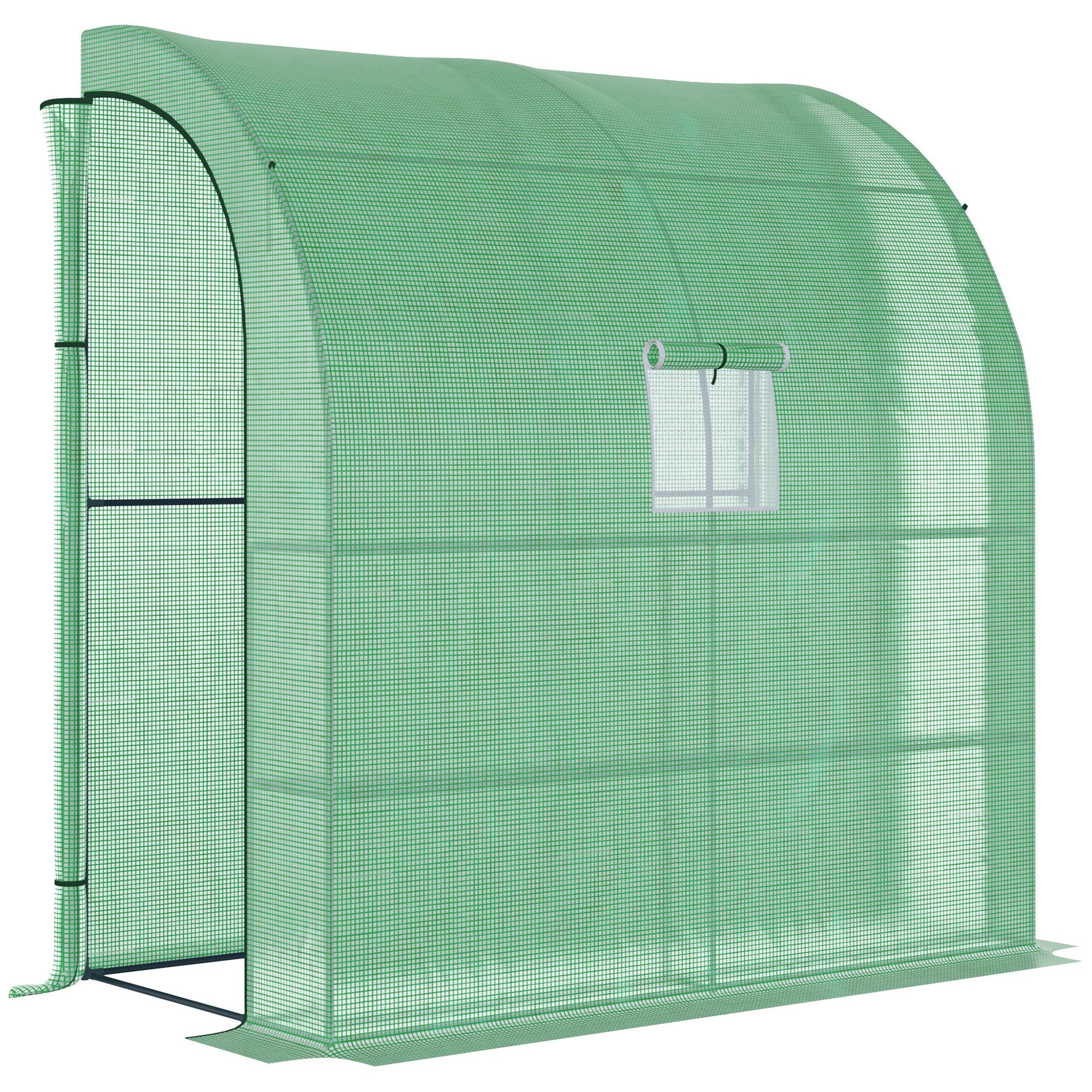 Outsunny Walk-In Lean to Wall Greenhouse with Windows and Doors, Outdoor Green House with 3 Tiers 4 Wired Shelves, 200L x 100W x 215Hcm, Green 