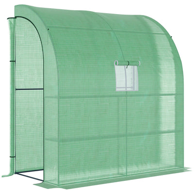 Outsunny Walk-In Lean to Wall Greenhouse with Windows and Doors, Outdoor Green House with 3 Tiers 4 Wired Shelves, 200L x 100W x 215Hcm, Green 