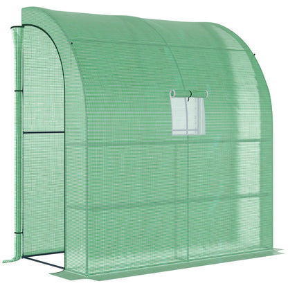 Outsunny Walk-In Lean to Wall Greenhouse with Windows and Doors, Outdoor Green House with 3 Tiers 4 Wired Shelves, 200L x 100W x 215Hcm, Green 