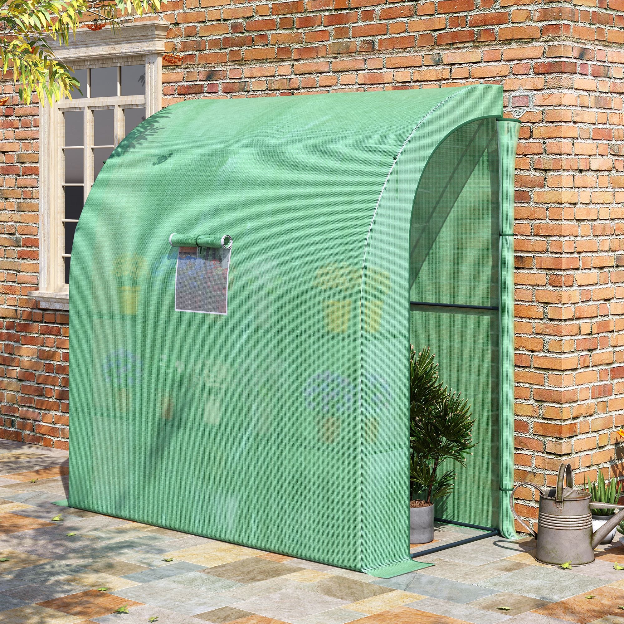 Outsunny Walk-In Lean to Wall Greenhouse with Windows and Doors, Outdoor Green House with 3 Tiers 4 Wired Shelves, 200L x 100W x 215Hcm, Green 