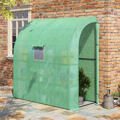 Outsunny Walk-In Lean to Wall Greenhouse with Windows and Doors, Outdoor Green House with 3 Tiers 4 Wired Shelves, 200L x 100W x 215Hcm, Green 