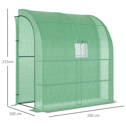 Outsunny Walk-In Lean to Wall Greenhouse with Windows and Doors, Outdoor Green House with 3 Tiers 4 Wired Shelves, 200L x 100W x 215Hcm, Green 