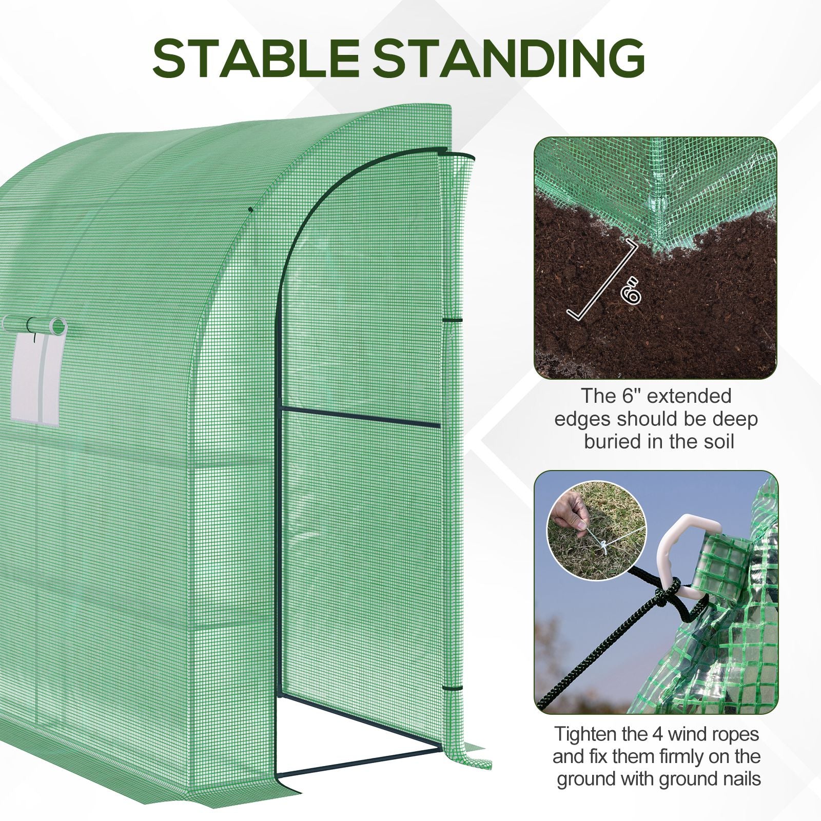 Outsunny Walk-In Lean to Wall Greenhouse with Windows and Doors, Outdoor Green House with 3 Tiers 4 Wired Shelves, 200L x 100W x 215Hcm, Green 