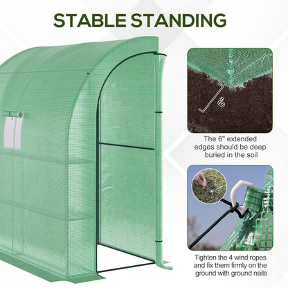 Outsunny Walk-In Lean to Wall Greenhouse with Windows and Doors, Outdoor Green House with 3 Tiers 4 Wired Shelves, 200L x 100W x 215Hcm, Green 