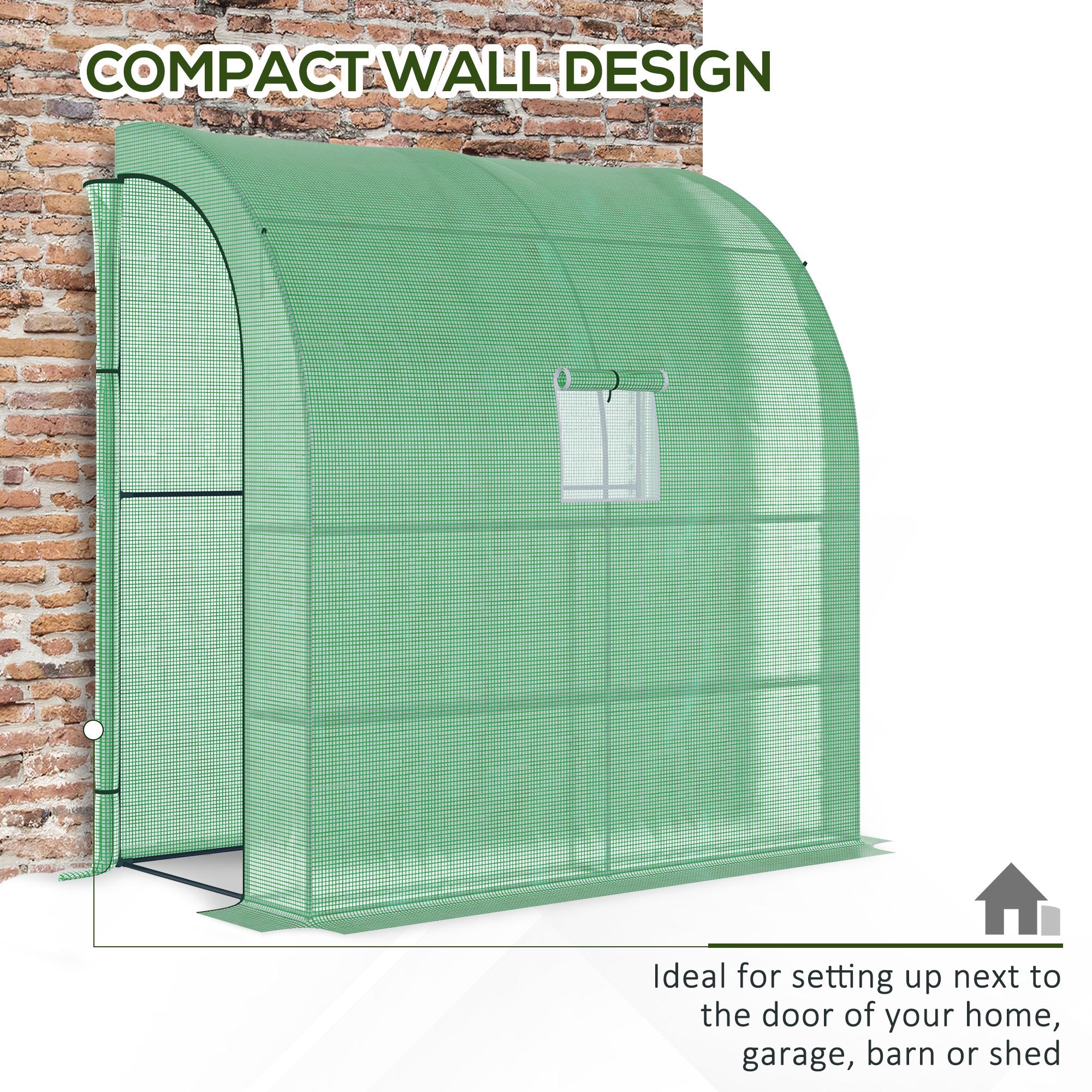 Outsunny Walk-In Lean to Wall Greenhouse with Windows and Doors, Outdoor Green House with 3 Tiers 4 Wired Shelves, 200L x 100W x 215Hcm, Green 