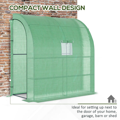 Outsunny Walk-In Lean to Wall Greenhouse with Windows and Doors, Outdoor Green House with 3 Tiers 4 Wired Shelves, 200L x 100W x 215Hcm, Green 