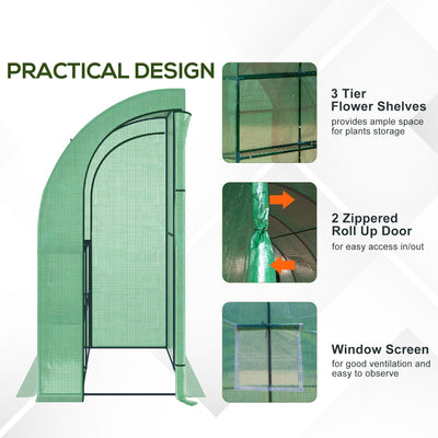 Outsunny Walk-In Lean to Wall Greenhouse with Windows and Doors, Outdoor Green House with 3 Tiers 4 Wired Shelves, 200L x 100W x 215Hcm, Green 
