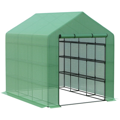 Outsunny Walk-in Greenhouse with 4 Tier 24 Shelves, Portable Grow House with Roll-up Zipped Door, 244 x 180 x 210cm, Green 