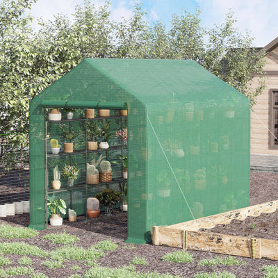 Outsunny Walk-in Greenhouse with 4 Tier 24 Shelves, Portable Grow House with Roll-up Zipped Door, 244 x 180 x 210cm, Green 