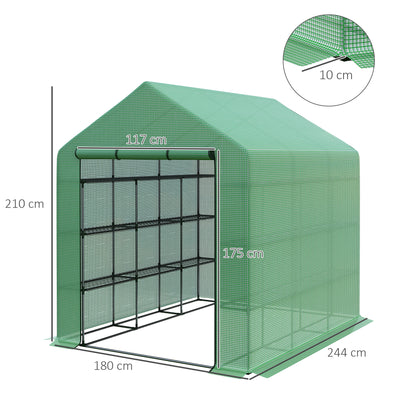 Outsunny Walk-in Greenhouse with 4 Tier 24 Shelves, Portable Grow House with Roll-up Zipped Door, 244 x 180 x 210cm, Green 