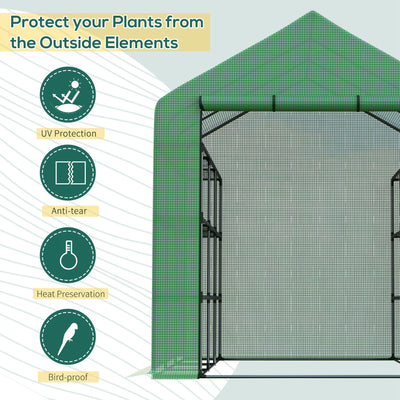 Outsunny Walk-in Greenhouse with 4 Tier 24 Shelves, Portable Grow House with Roll-up Zipped Door, 244 x 180 x 210cm, Green 