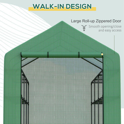 Outsunny Walk-in Greenhouse with 4 Tier 24 Shelves, Portable Grow House with Roll-up Zipped Door, 244 x 180 x 210cm, Green 