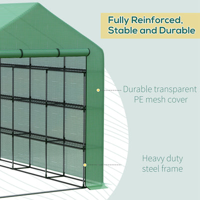 Outsunny Walk-in Greenhouse with 4 Tier 24 Shelves, Portable Grow House with Roll-up Zipped Door, 244 x 180 x 210cm, Green 