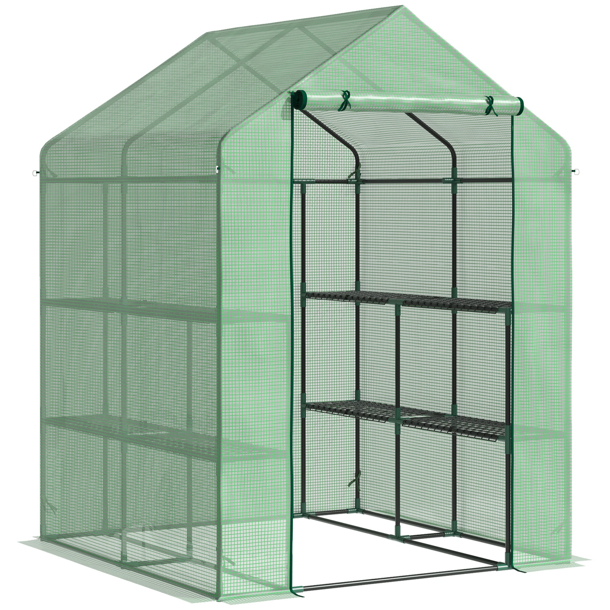 Outsunny Walk in Greenhouse with Shelves Steeple Green House for Garden Grow House Removable Cover 143x138x190cm, Green 