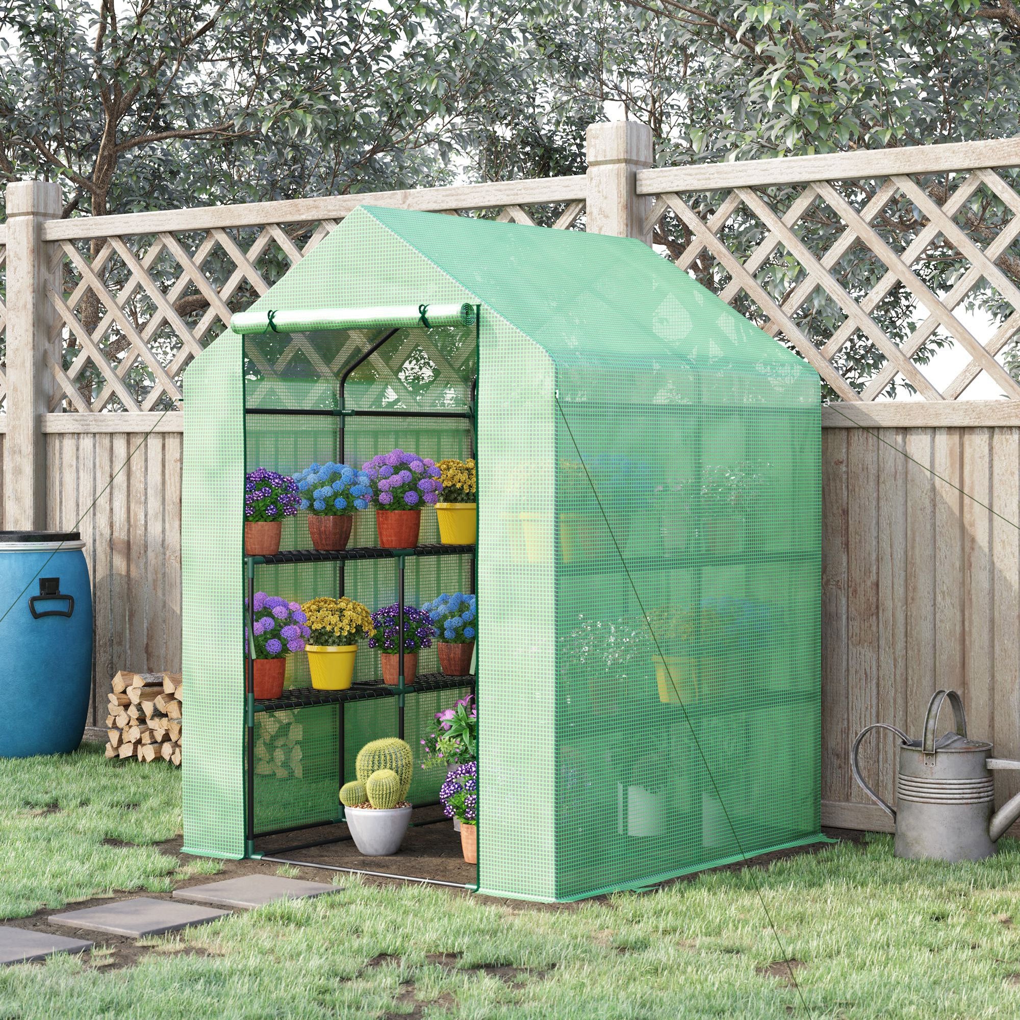 Outsunny Walk in Greenhouse with Shelves Steeple Green House for Garden Grow House Removable Cover 143x138x190cm, Green 