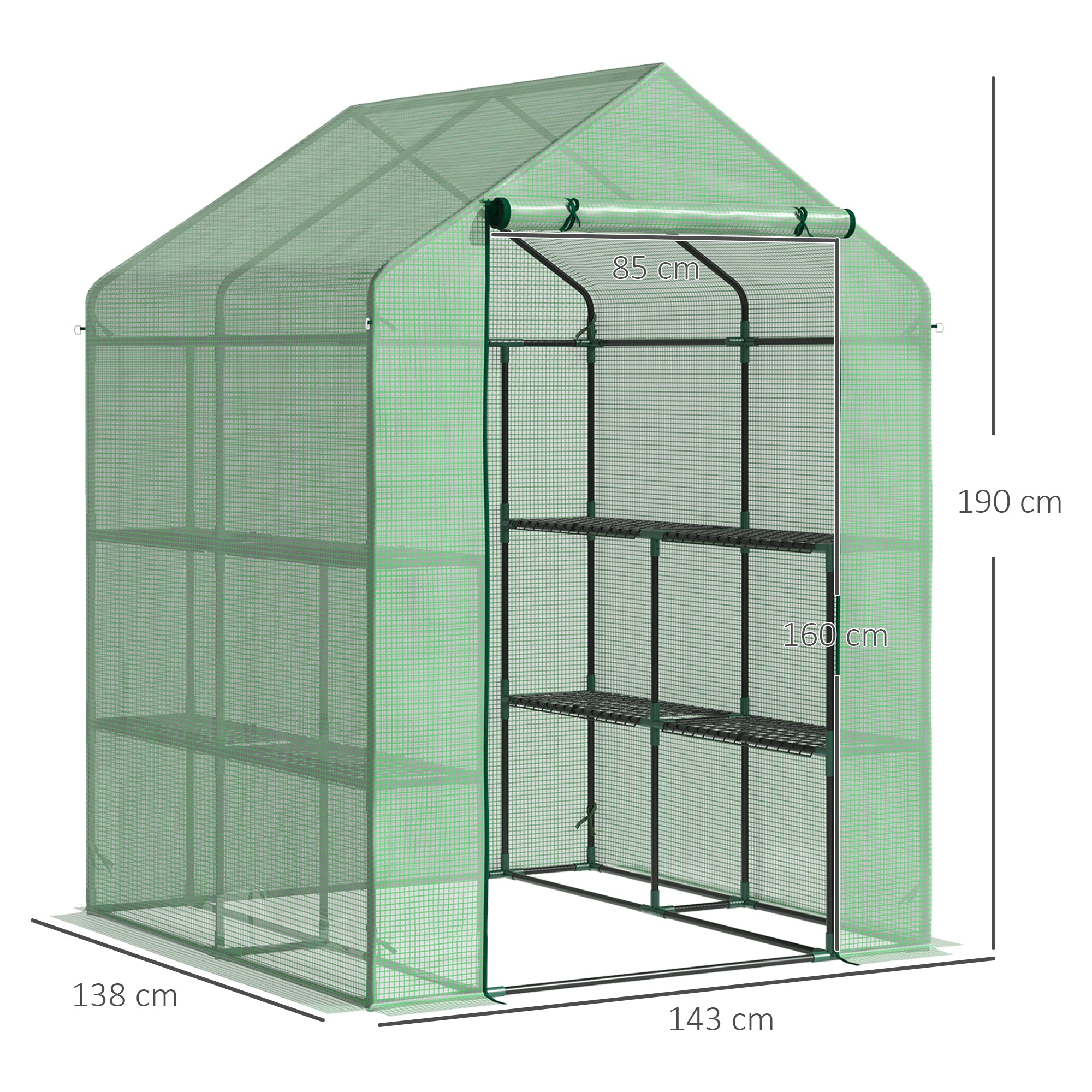 Outsunny Walk in Greenhouse with Shelves Steeple Green House for Garden Grow House Removable Cover 143x138x190cm, Green 