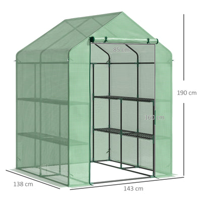 Outsunny Walk in Greenhouse with Shelves Steeple Green House for Garden Grow House Removable Cover 143x138x190cm, Green 