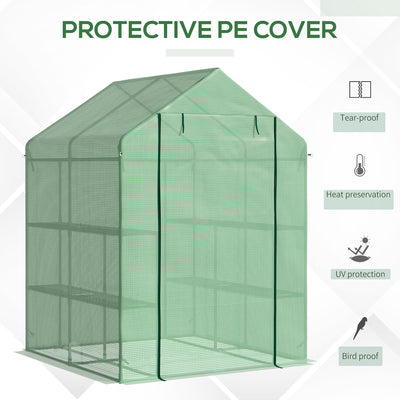 Outsunny Walk in Greenhouse with Shelves Steeple Green House for Garden Grow House Removable Cover 143x138x190cm, Green 