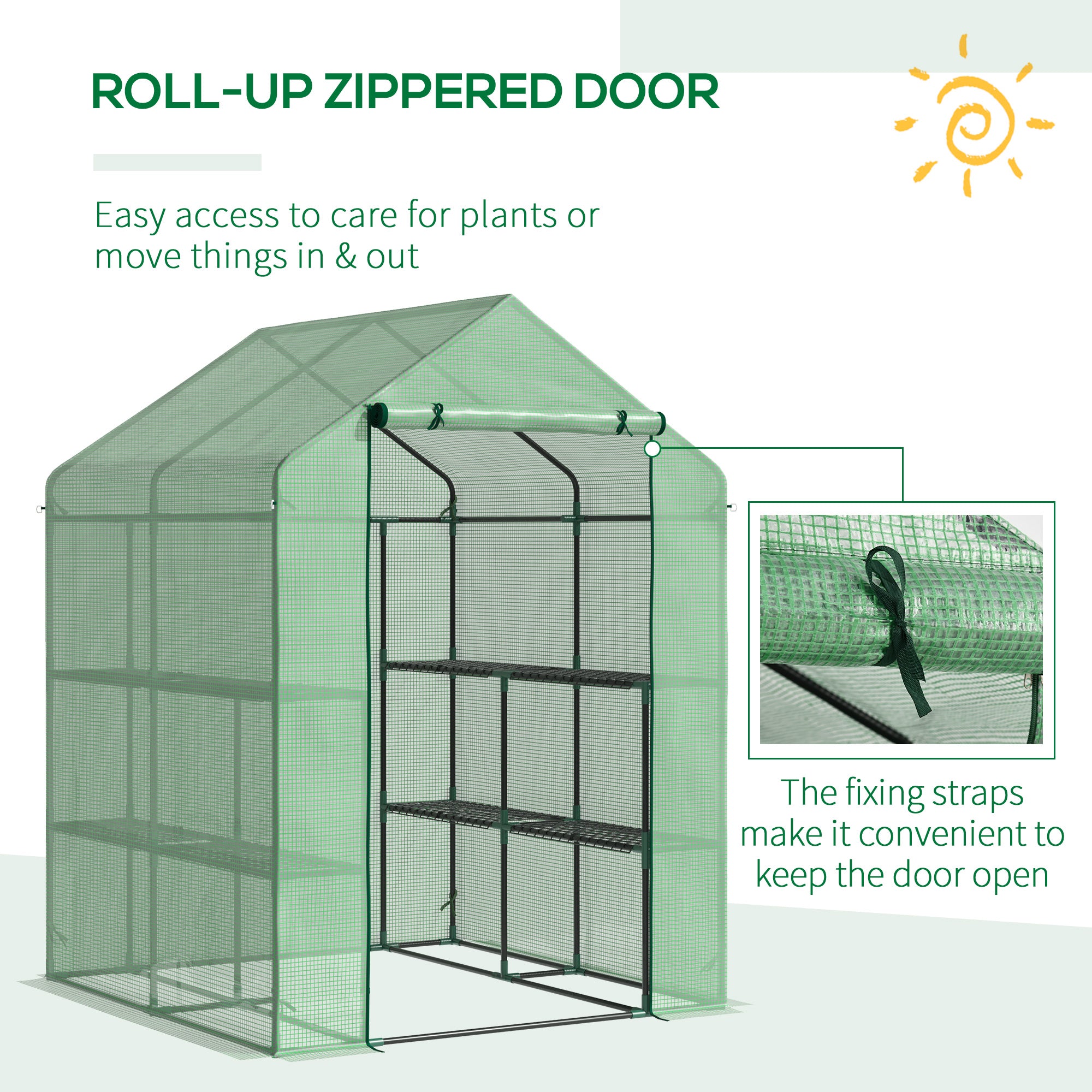 Outsunny Walk in Greenhouse with Shelves Steeple Green House for Garden Grow House Removable Cover 143x138x190cm, Green 