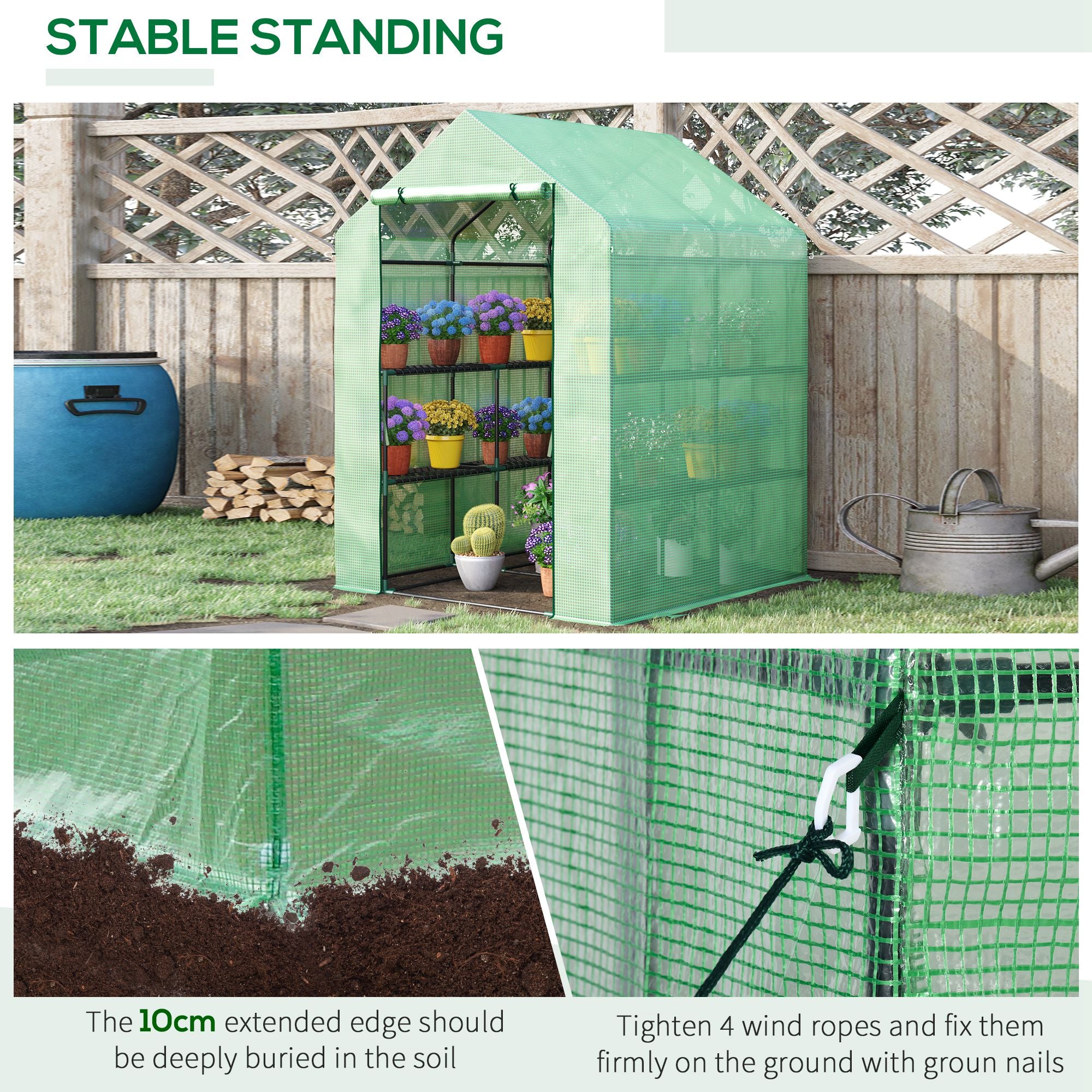 Outsunny Walk in Greenhouse with Shelves Steeple Green House for Garden Grow House Removable Cover 143x138x190cm, Green 