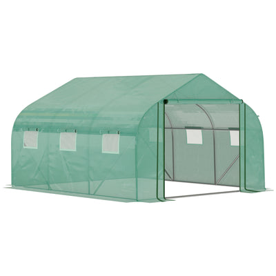 Outsunny Walk-in Polytunnel Garden Greenhouse, Outdoor Mesh Door Greenhouse with PE Cover and 6 Windows, 3.5 x 3 x 2m, Green 
