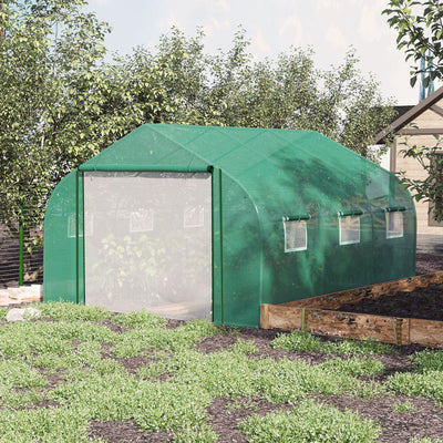 Outsunny Walk-in Polytunnel Garden Greenhouse, Outdoor Mesh Door Greenhouse with PE Cover and 6 Windows, 3.5 x 3 x 2m, Green 