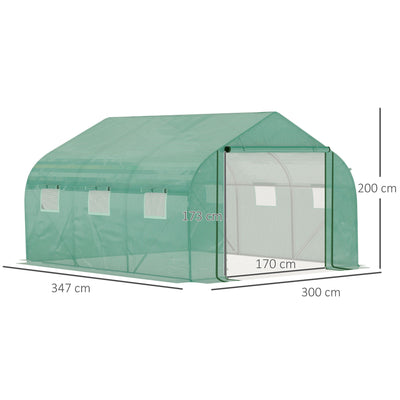 Outsunny Walk-in Polytunnel Garden Greenhouse, Outdoor Mesh Door Greenhouse with PE Cover and 6 Windows, 3.5 x 3 x 2m, Green 