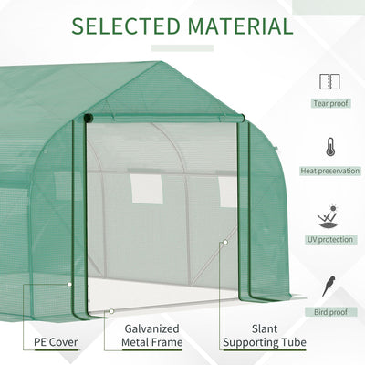 Outsunny Walk-in Polytunnel Garden Greenhouse, Outdoor Mesh Door Greenhouse with PE Cover and 6 Windows, 3.5 x 3 x 2m, Green 