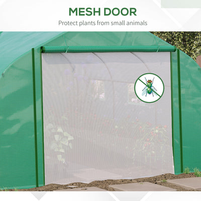 Outsunny Walk-in Polytunnel Garden Greenhouse, Outdoor Mesh Door Greenhouse with PE Cover and 6 Windows, 3.5 x 3 x 2m, Green 