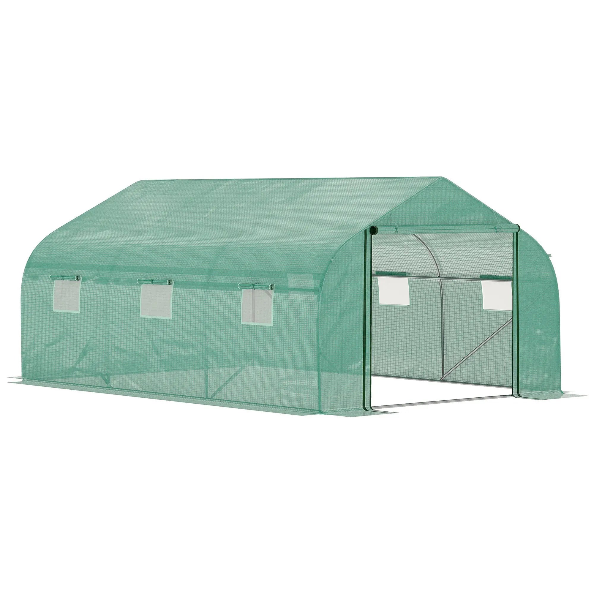 Outsunny Walk-in Polytunnel Garden Greenhouse, Outdoor Mesh Door Greenhouse with PE Cover and 6 Windows, 4.5 x 3 x 2m, Green 