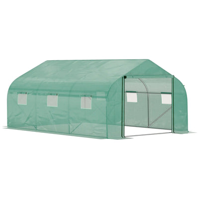 Outsunny Walk-in Polytunnel Garden Greenhouse, Outdoor Mesh Door Greenhouse with PE Cover and 6 Windows, 4.5 x 3 x 2m, Green 